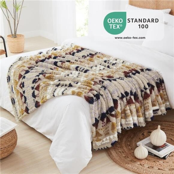 Boho Sherpa Throw Blanket Aztec Khaki Tan Ultra Soft Warm Cozy Plush Fleece NEW - Picture 3 of 5